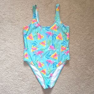 Chubbies Blue and Pink Flamingo One Piece Swimsuit Size Medium